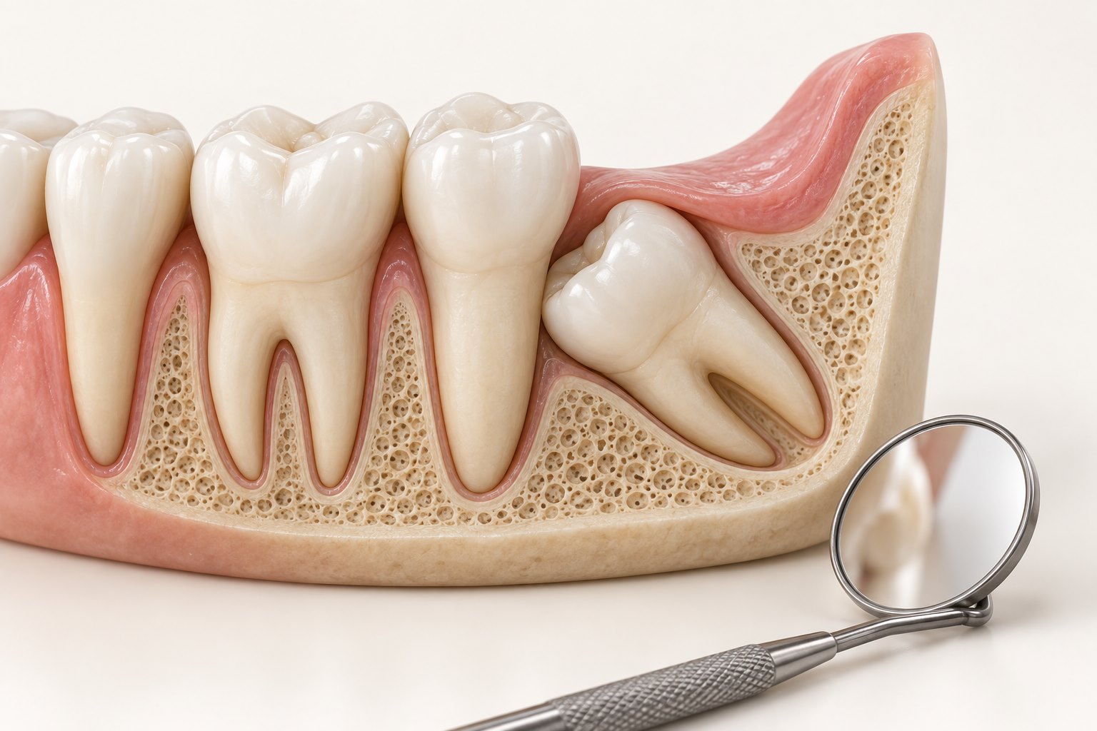 Model schematic al unui molar de minte înclinat, în raport cu dintele vecin.
