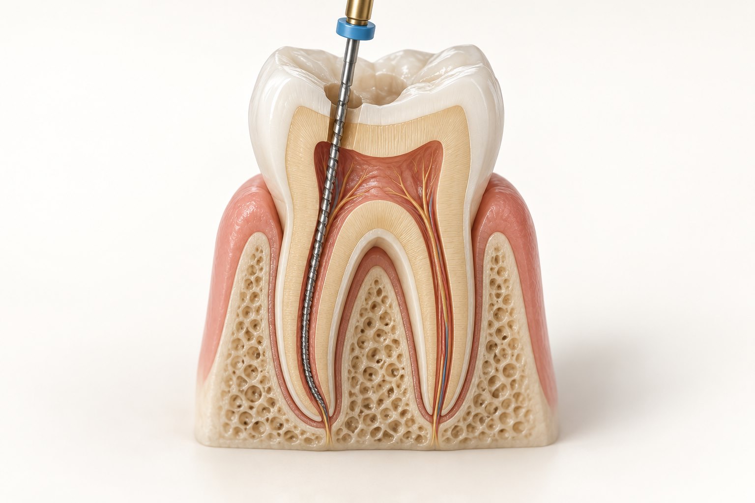 Secțiune schematică printr-un molar, cu instrument endodontic într-un canal.