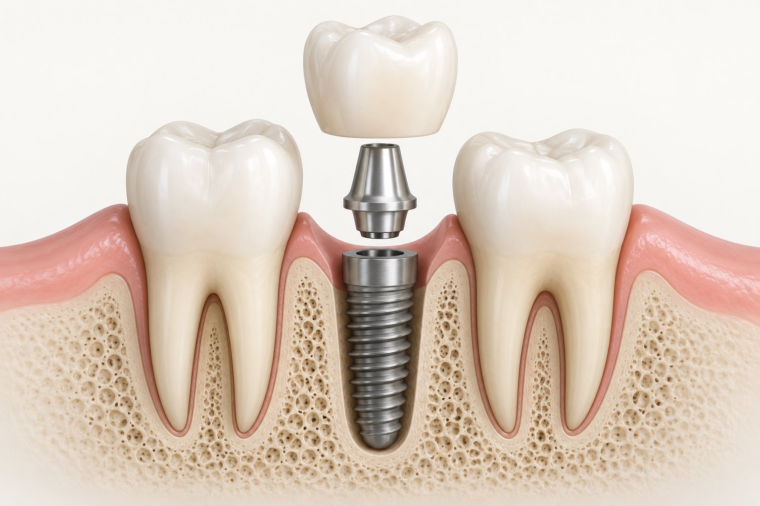 Model schematic: implantul, bontul de legătură și coroana dentară.
